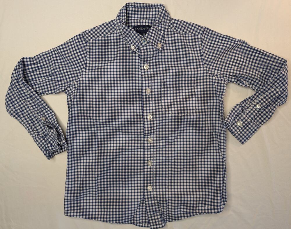 Kid's Sz M Lands' End Button Up Gingham Check Plaid Shirt Blue White Preppy BTS
